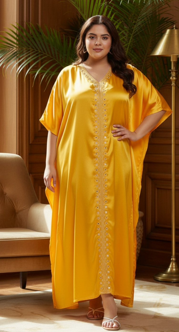 Solid Yellow Satin Loungewear Kaftan Dress For Plus Size Women