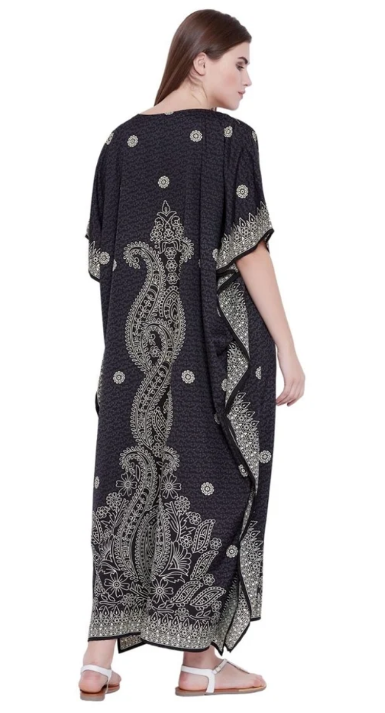 Black Monochrome Lace Paisley Polyester Plus Size Kaftan for Women 1X-3X | GypsieBlu