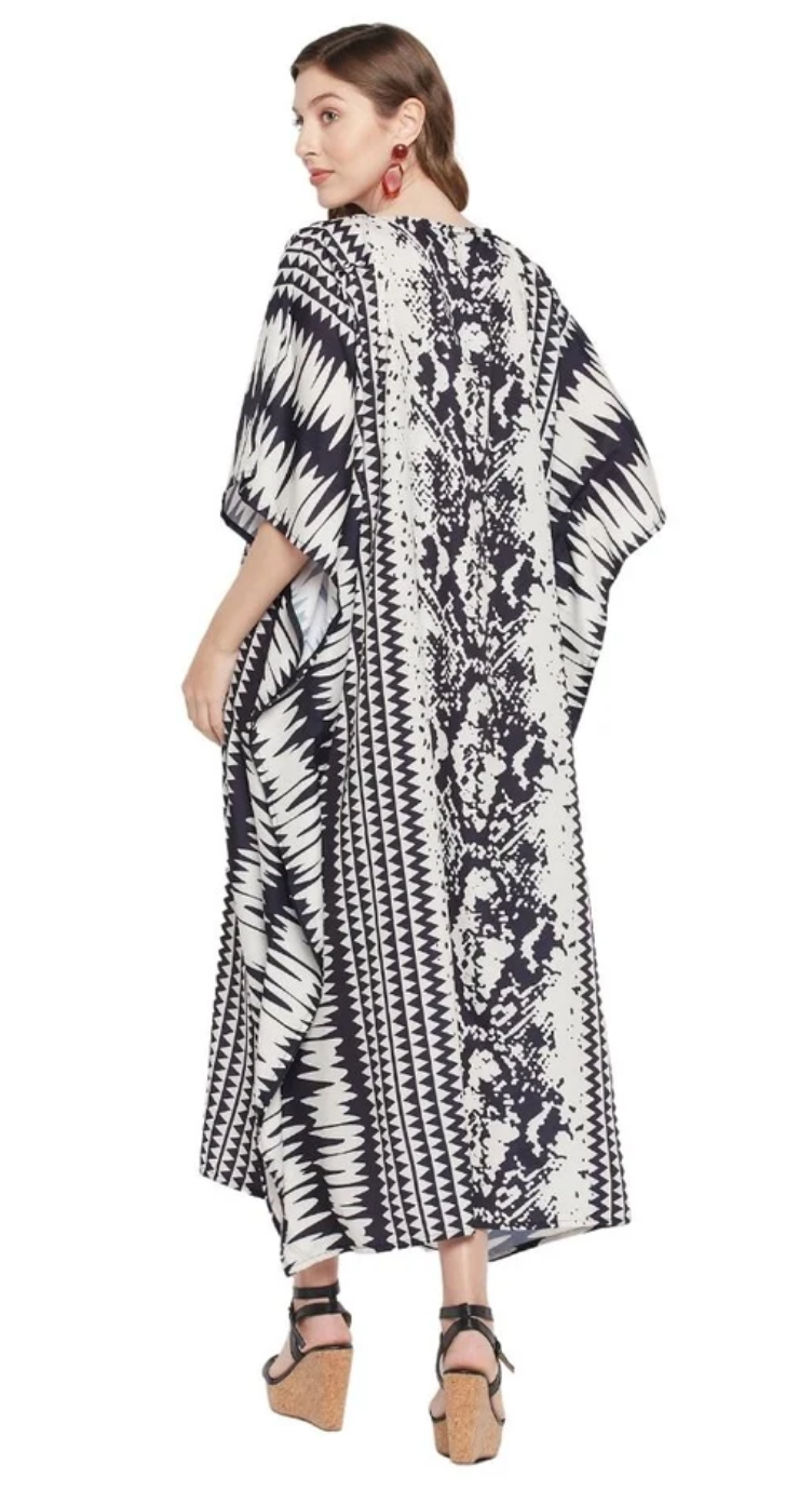 White Ikat Chevron Polyester Plus Size Kaftan for Women 1X-3X | GypsieBlu