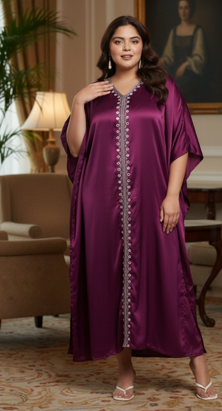 Satin Kaftan For Plus Size Women Solid With Embroidery Lace Purple