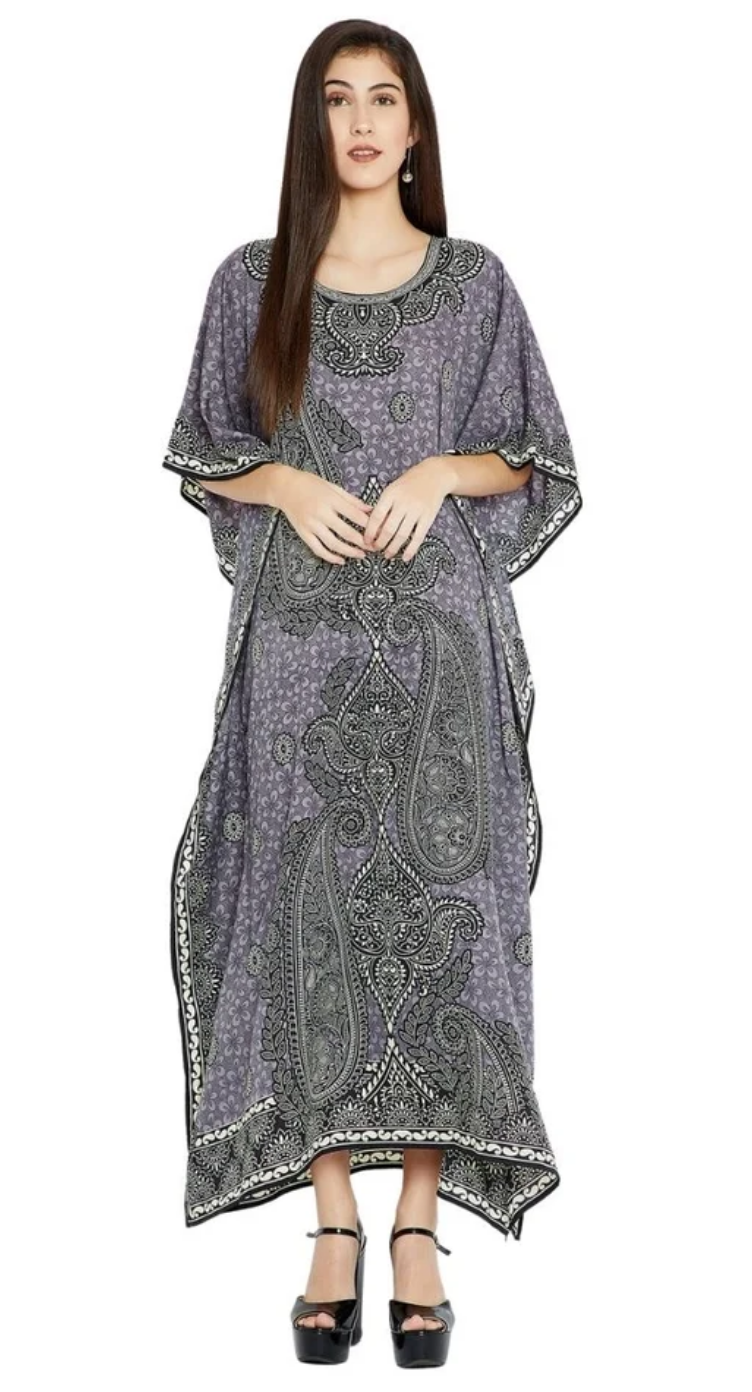 Gray Paisley Medallion Polyester Plus Size Kaftan for Women 1X-3X | GypsieBlu