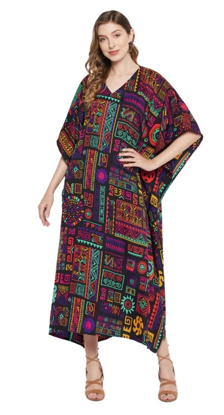 Multicolor Neon Tribal Polyester Plus Size Kaftan for Women 1X-3X | GypsieBlu