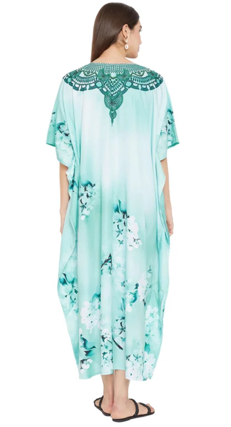 Mint Floral Polyester Plus Size Kaftan Dress for Women 1X-3X 3/4 Sleeve | GypsieBlu