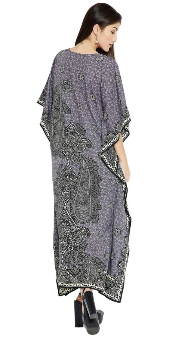 Gray Paisley Medallion Polyester Plus Size Kaftan for Women 1X-3X | GypsieBlu
