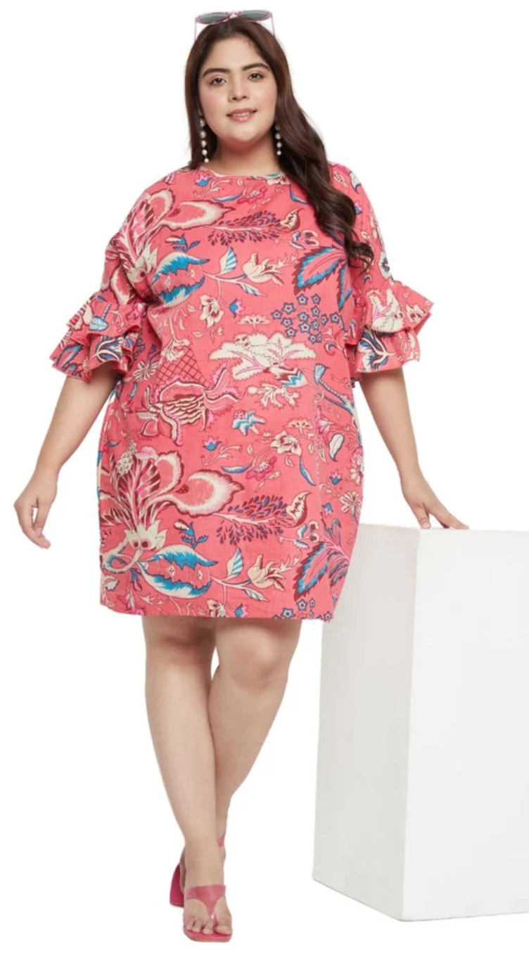 Pink Floral Cotton Midi Dress for Women S-XL 3/4 Sleeve | GypsieBlu