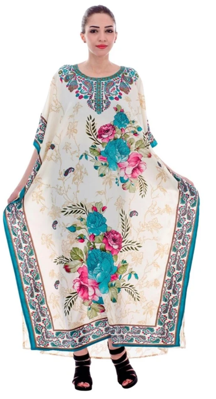 White Rose Bouquet Polyester Plus Size Kaftan for Women 1X-3X | GypsieBlu