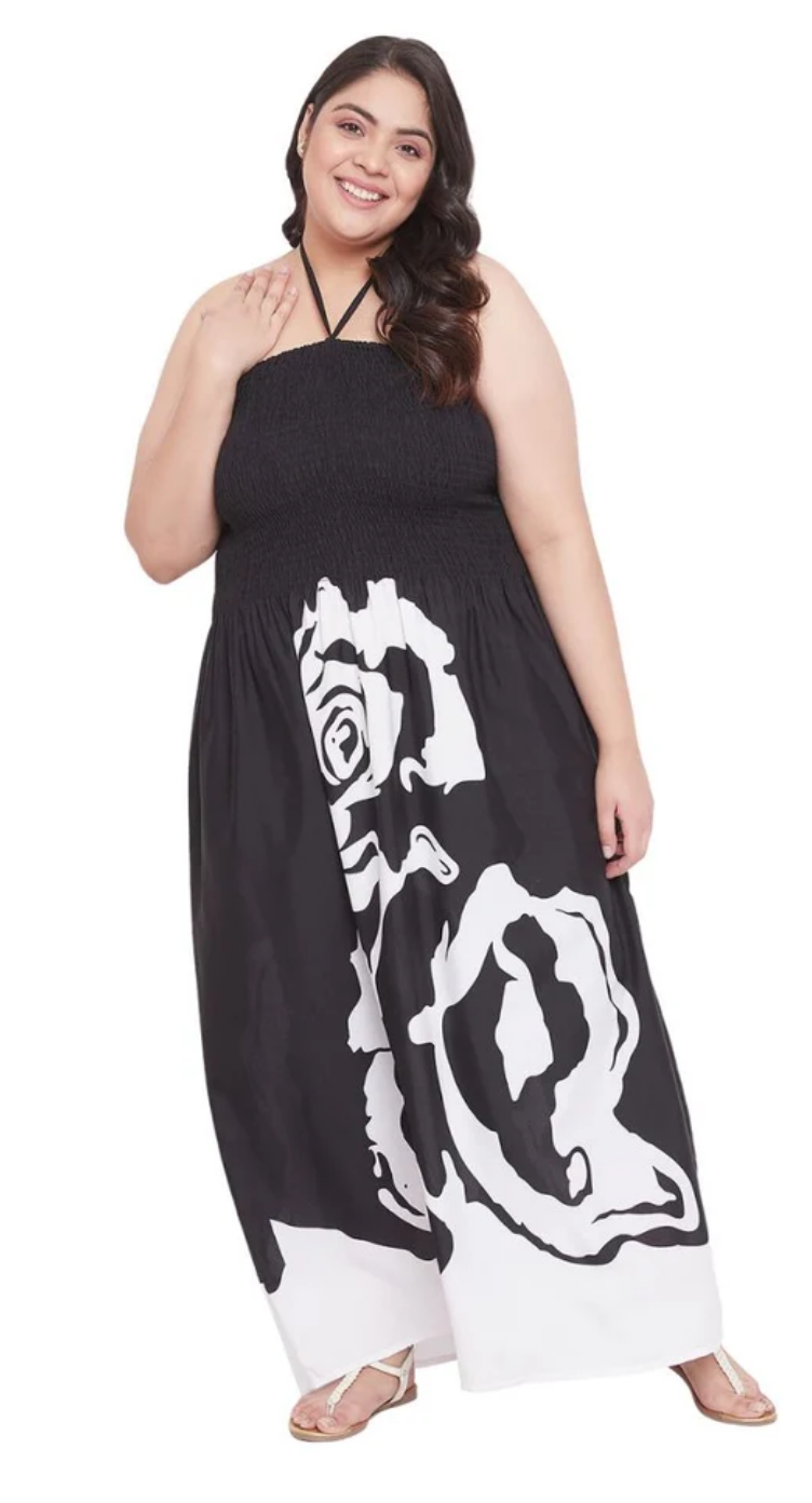 Black Rose-Print Maxi Polyester Plus Size Tube Dress for Women 1X-3X Sleeveless | GypsieBlu