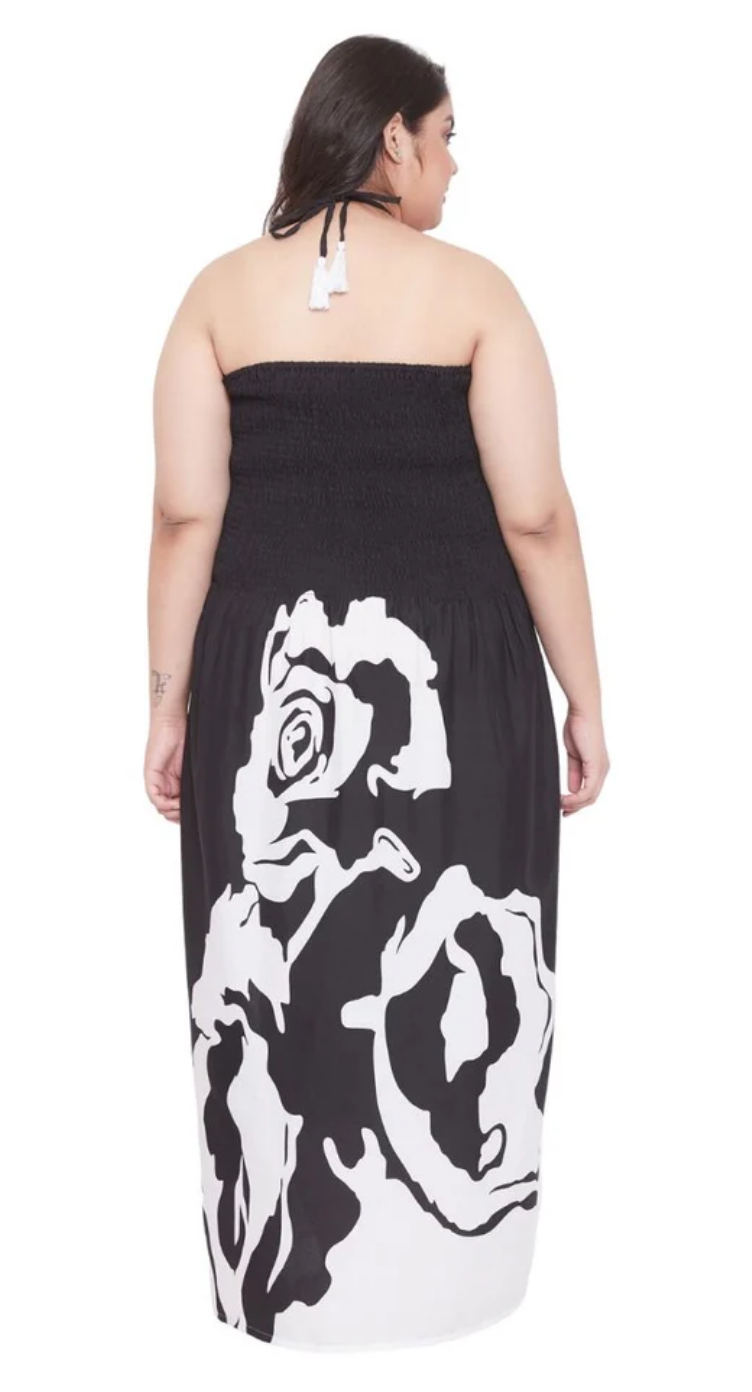 Black Rose-Print Maxi Polyester Plus Size Tube Dress for Women 1X-3X Sleeveless | GypsieBlu