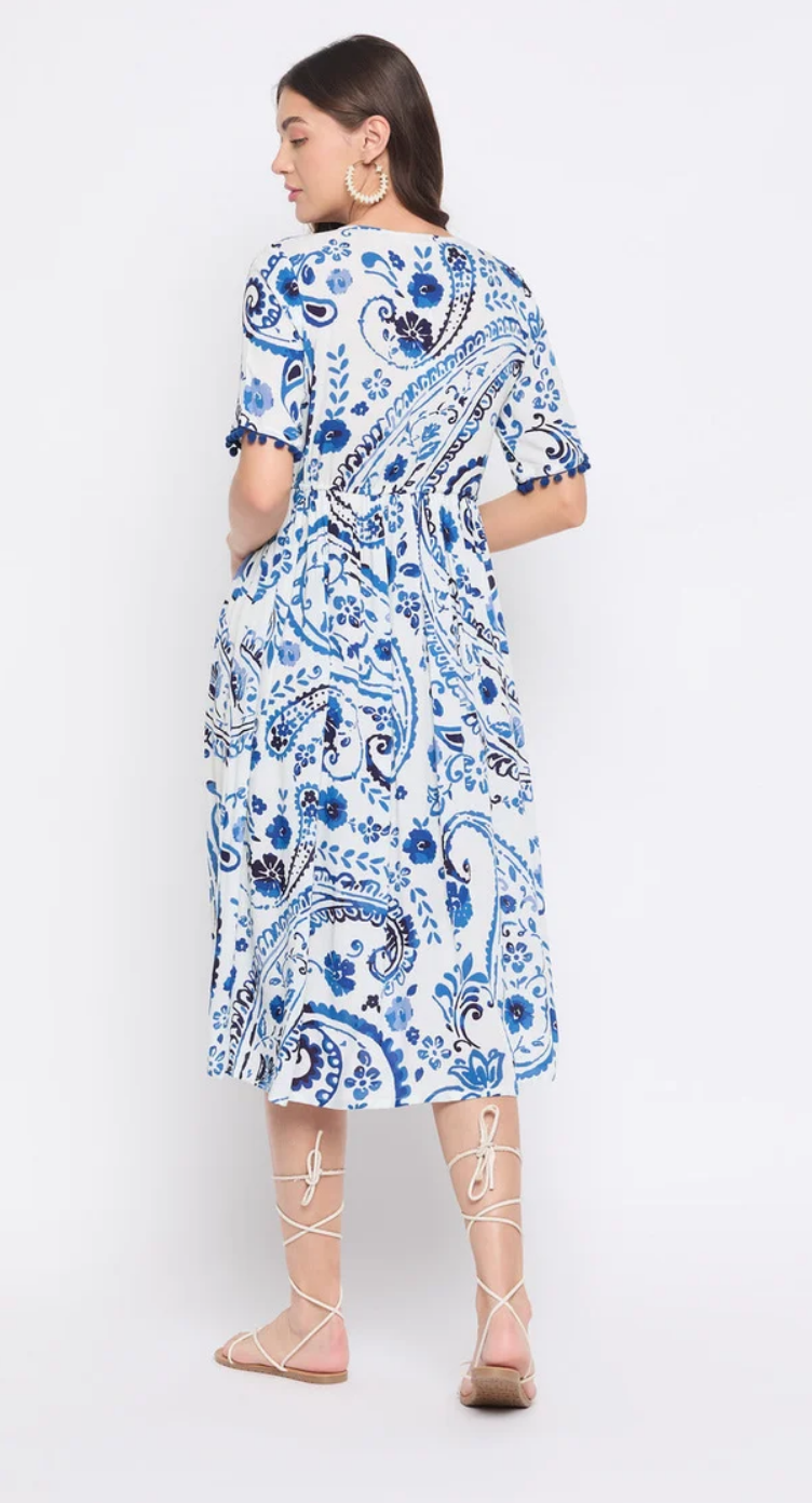 White & Blue Paisley Floral Rayon Midi Dress for Women S-XL | GypsieBlu