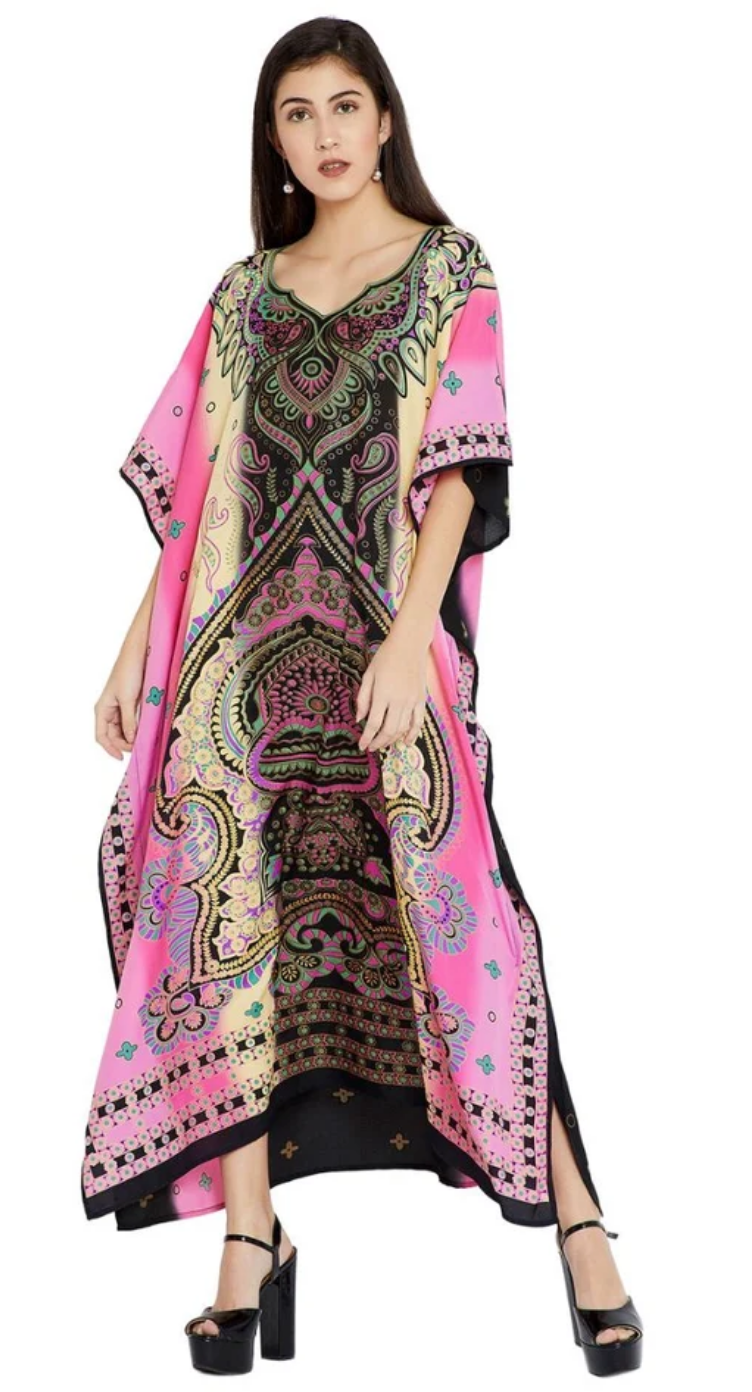 Pink Paisley Medallion Polyester Plus Size Kaftan for Women 1X-3X | GypsieBlu