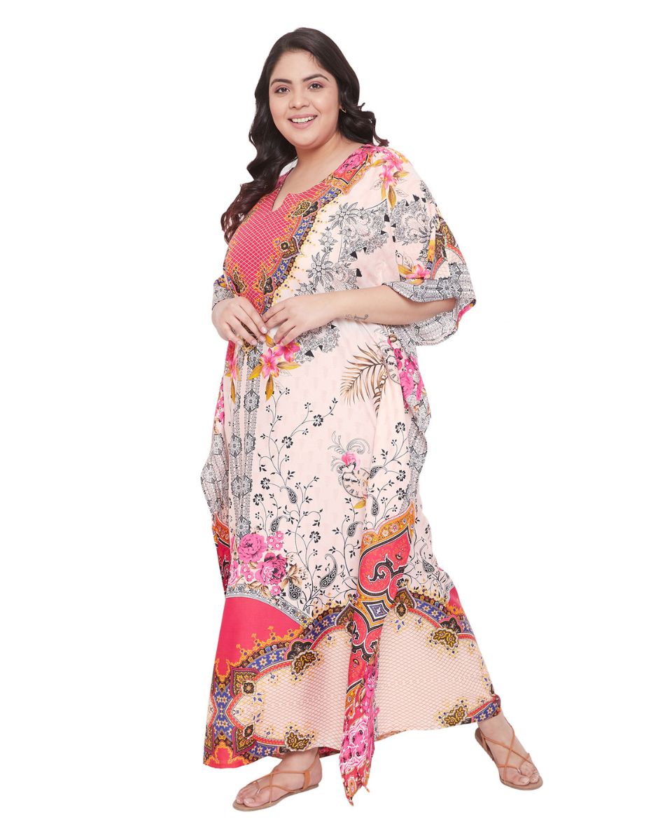 Floral Printed Pink Polyester Plus Size Kaftan Dress For Women