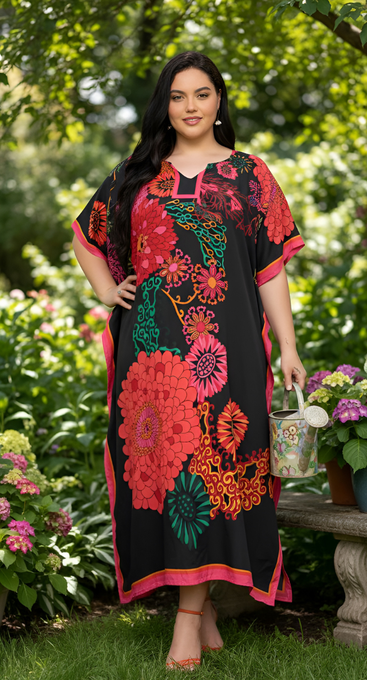Black Floral Polyester Plus Size Kaftan Dress for Women