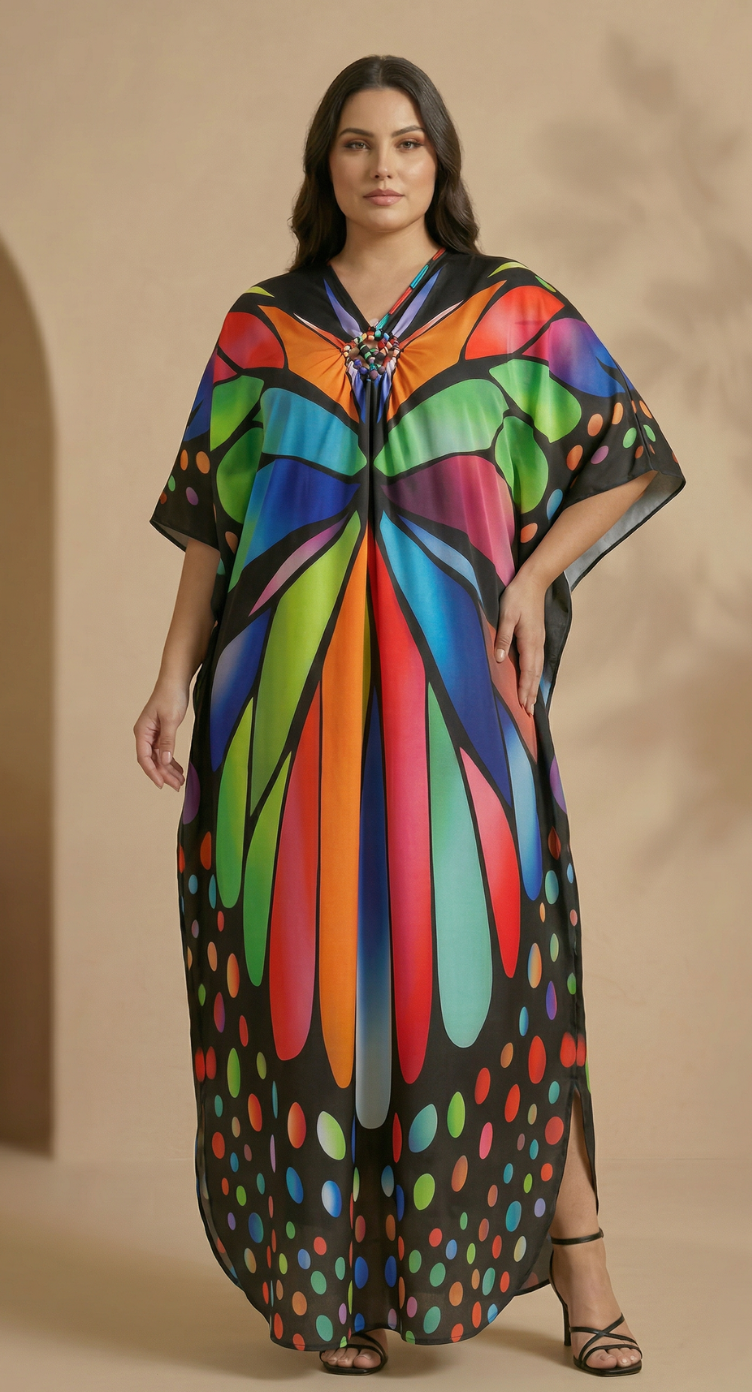 Multicolor Butterfly Polyester Women Plus Size Kaftan Summer Dress