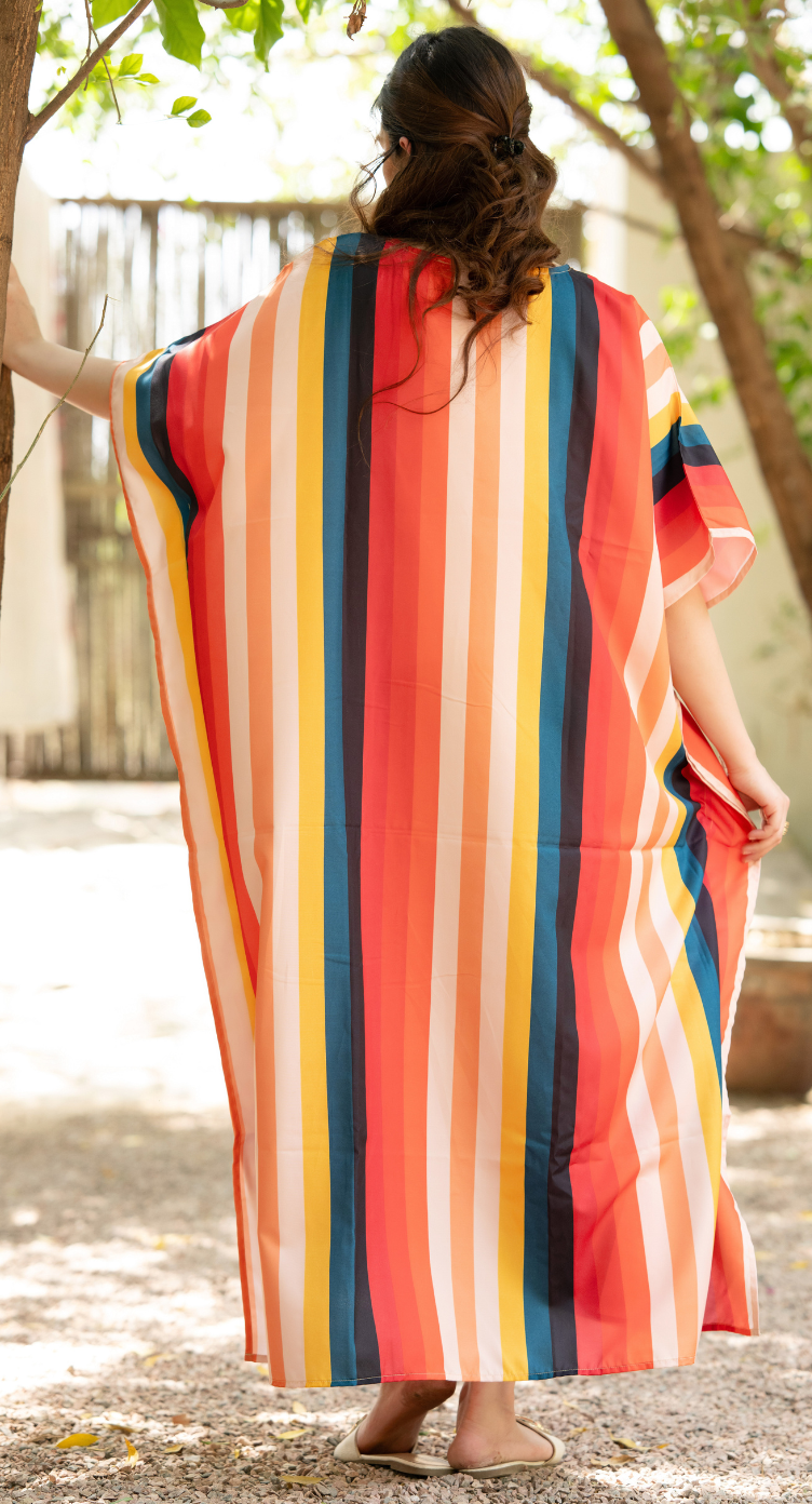 Multicolor Striped Polyester Women Plus Size Kaftan Resort Dress
