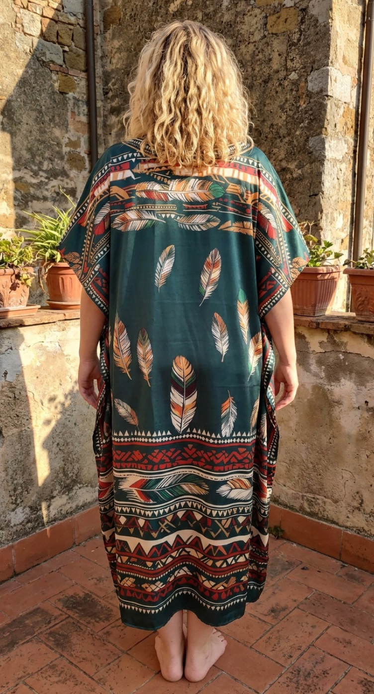 Deep Teal Tribal Satin Women Plus Size Kaftan Cruise Dress