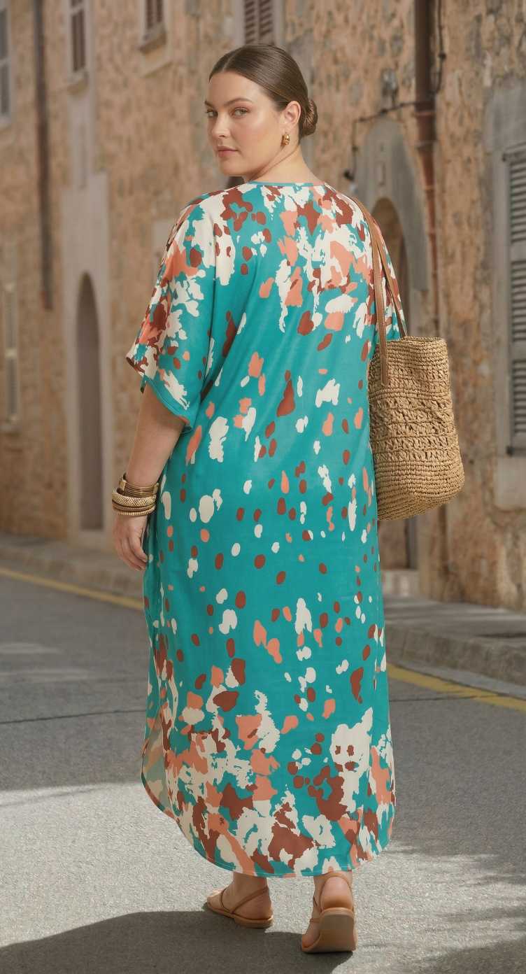 Turquoise Abstract Polyester Women Plus Size Kaftan Lounge Dress 1X-3X
