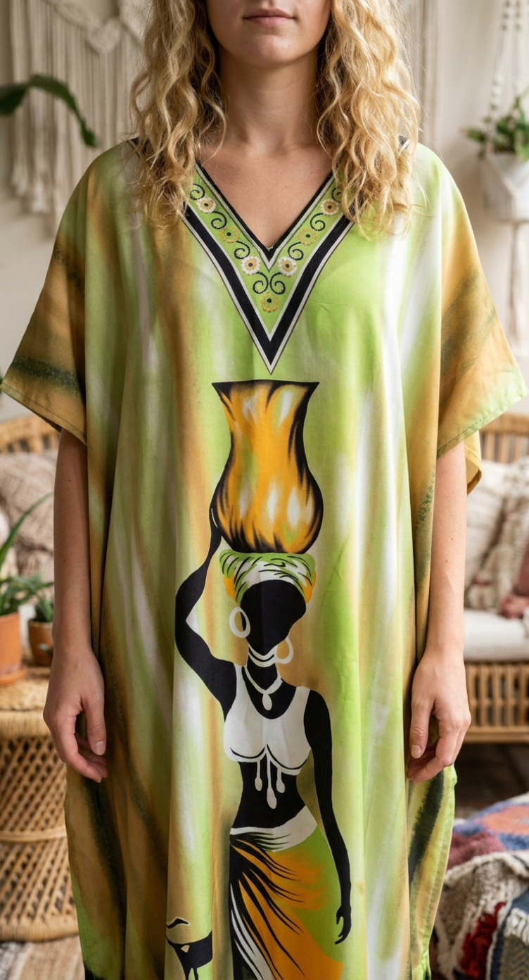 Lime Green Tribal Polyester Women Plus Size Kaftan Festival Dress - SKU SG152-9342 - Gypsie Blu