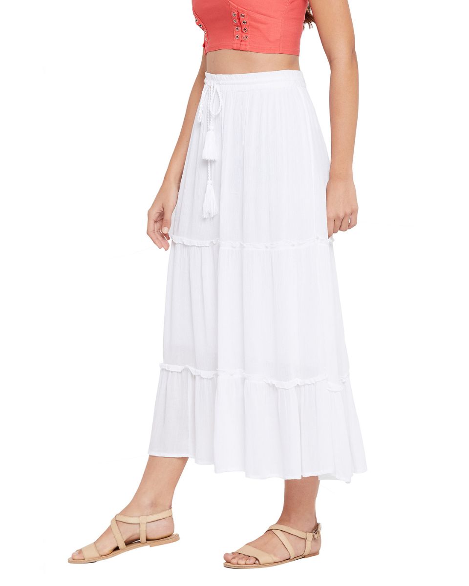 Solid White Rayon Casual Long Skirt For Women