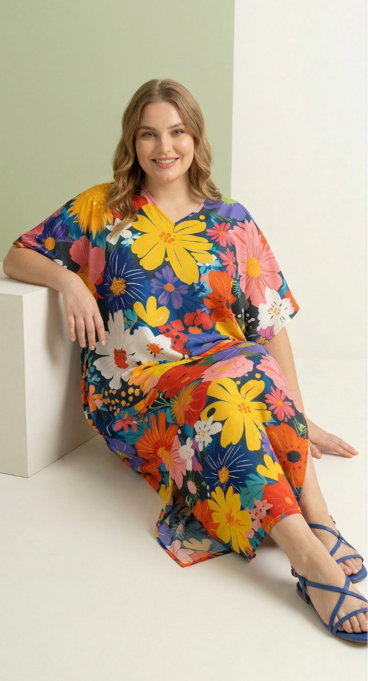 Multicolor Floral Polyester Women Plus Size Kaftan Tropical Dress