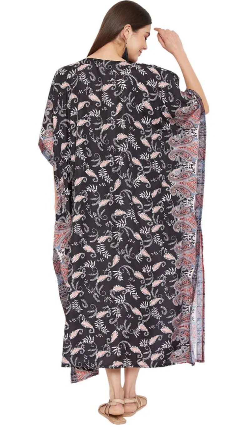 Black Paisley Floral Polyester Plus Size Kaftan for Women 1X-3X V Neck | GypsieBlu
