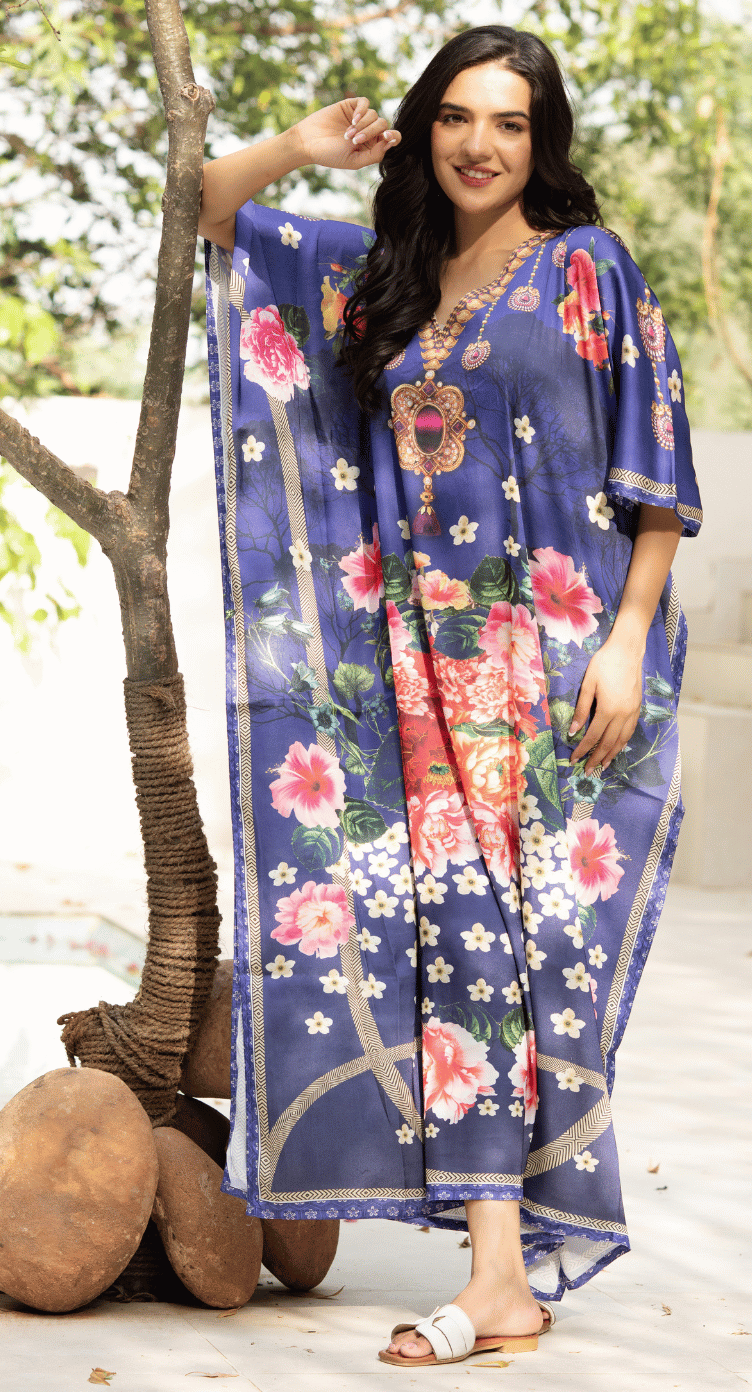 Floral Royal Blue Satin Silk Kaftan Dress for Women Plus Size
