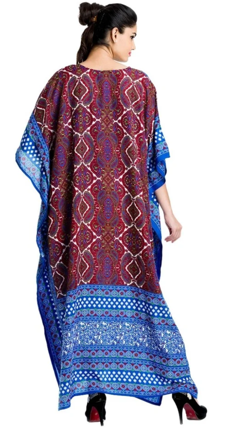 Blue Burgundy Damask Medallion Polyester Plus Size Kaftan for Women 1X-3X | GypsieBlu
