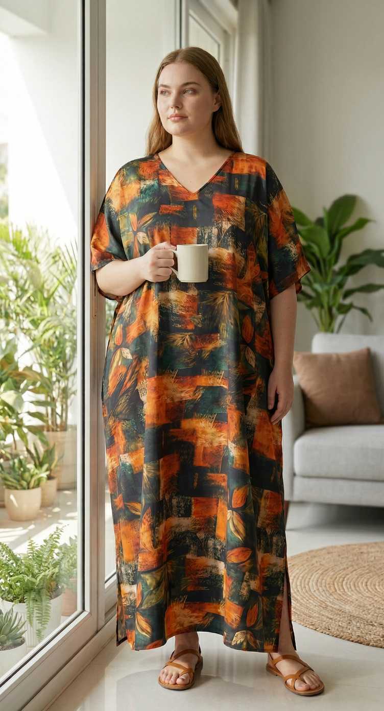 Orange Abstract Print Polyester Women Plus Size Kaftan Boho Maxi Dress 1X-3X