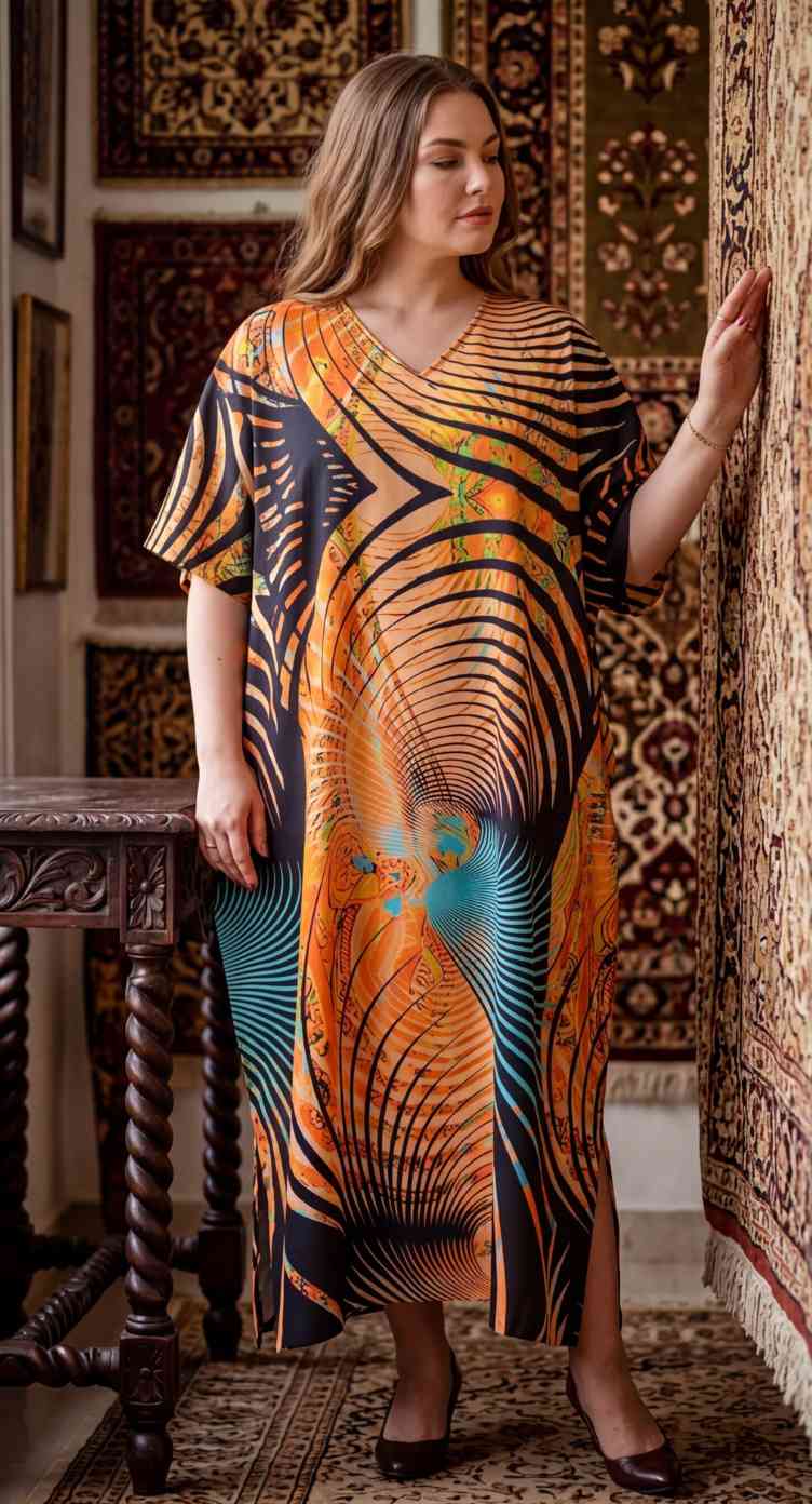 Orange Abstract Print Polyester Women Plus Size Kaftan Summer Maxi Dress 1X-3X