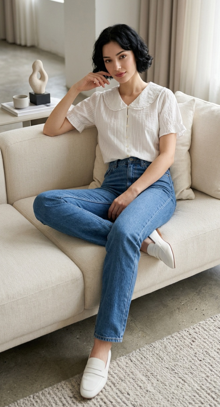 White Cotton Peter Pan Collar Puff Sleeve Women Top Button Down Blouse