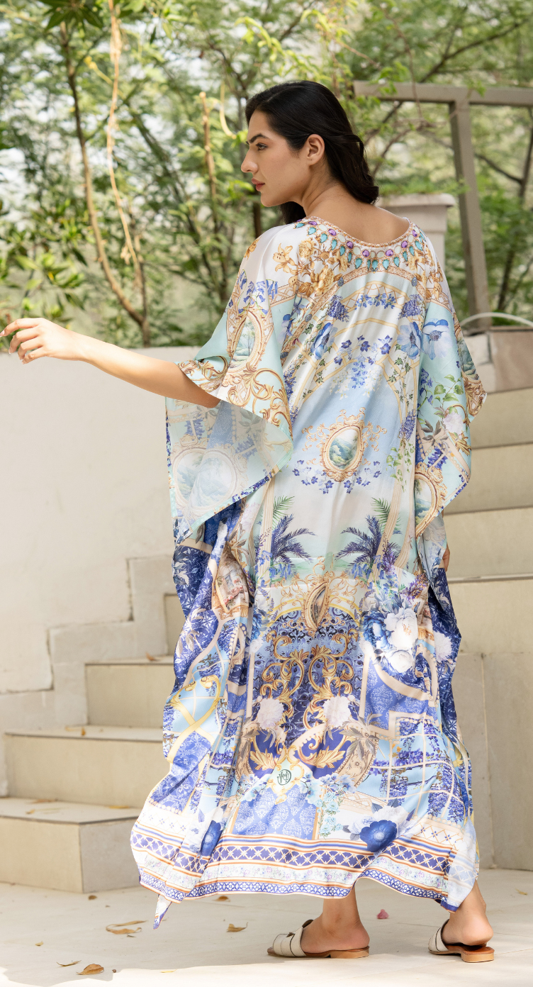 Cream Floral Satin Women Plus Size Kaftan Elegant Dress