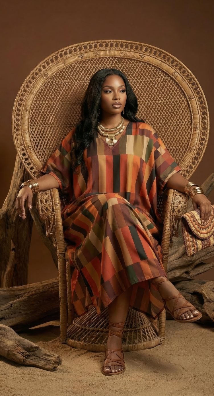 Rust Geometric Polyester Women Plus Size Kaftan Cruise Dress