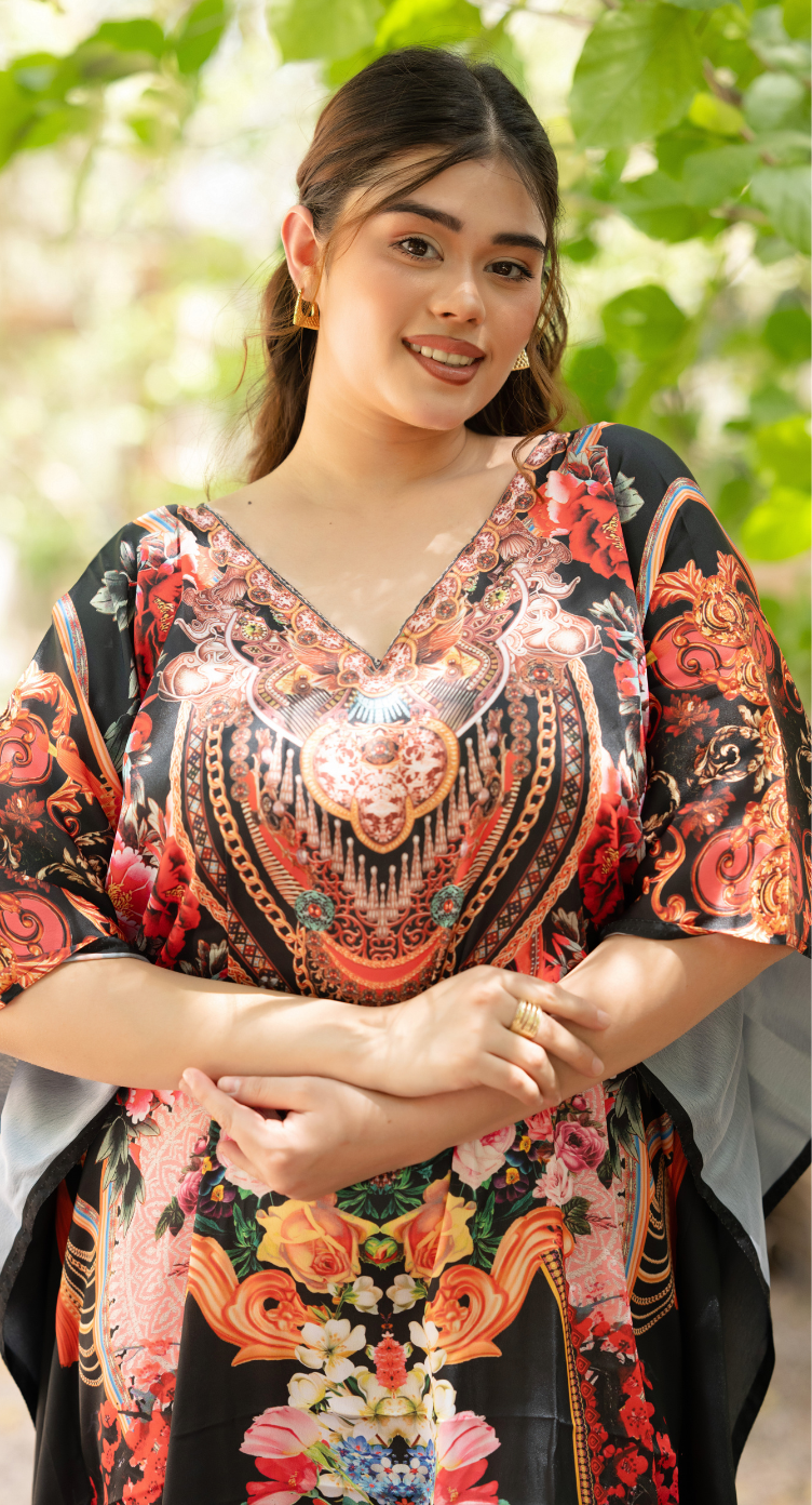 Black Floral Satin Women Plus Size Kaftan Beach Dress