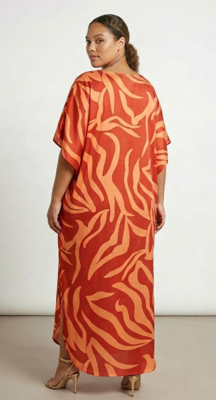 Rust Orange Leaf Polyester Women Plus Size Kaftan Tropical Dress 1X-3X