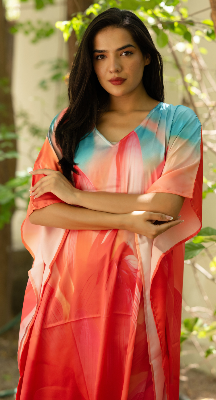 Abstract Coral Red Satin Silk Women Plus Size Kaftan Party Dress - SKU KAF152-1048 - Gypsie Blu