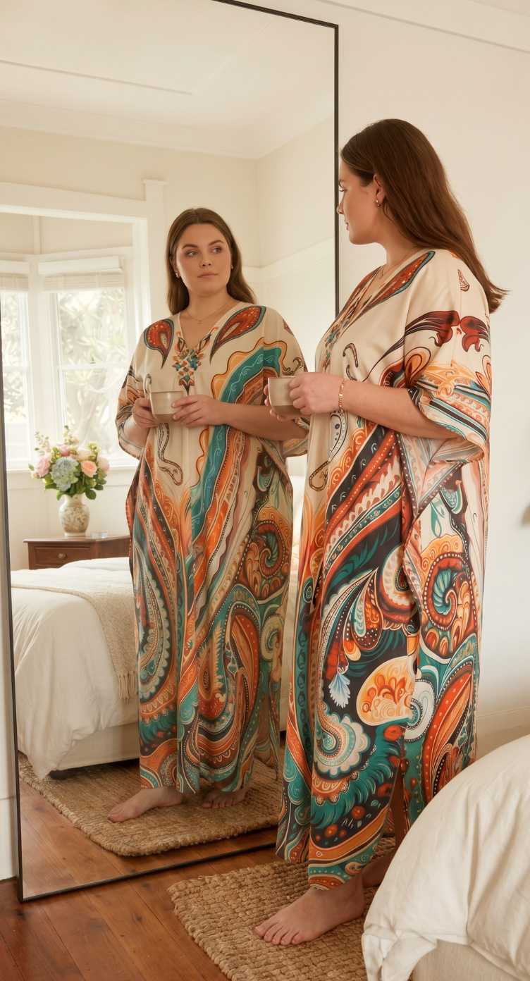 Ivory Paisley Print Polyester Women Plus Size Kaftan Vacation Dress 1X-3X