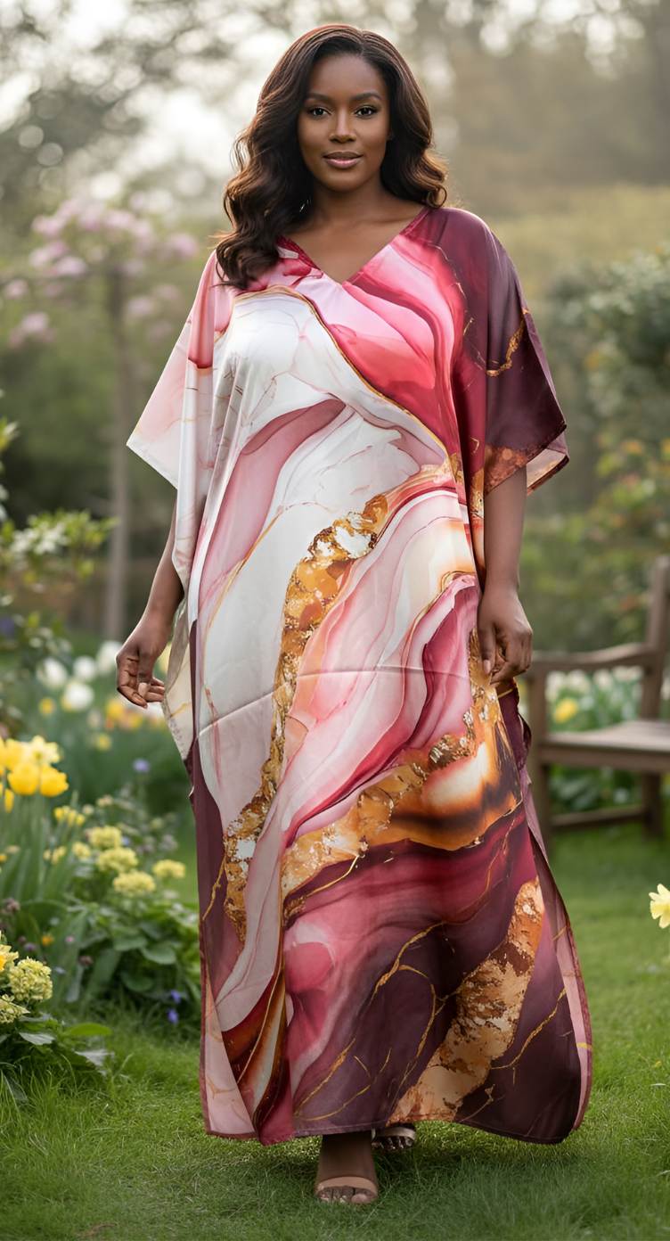 Textured Print Pink V Neck Kaftan Dress for Women Plus Size