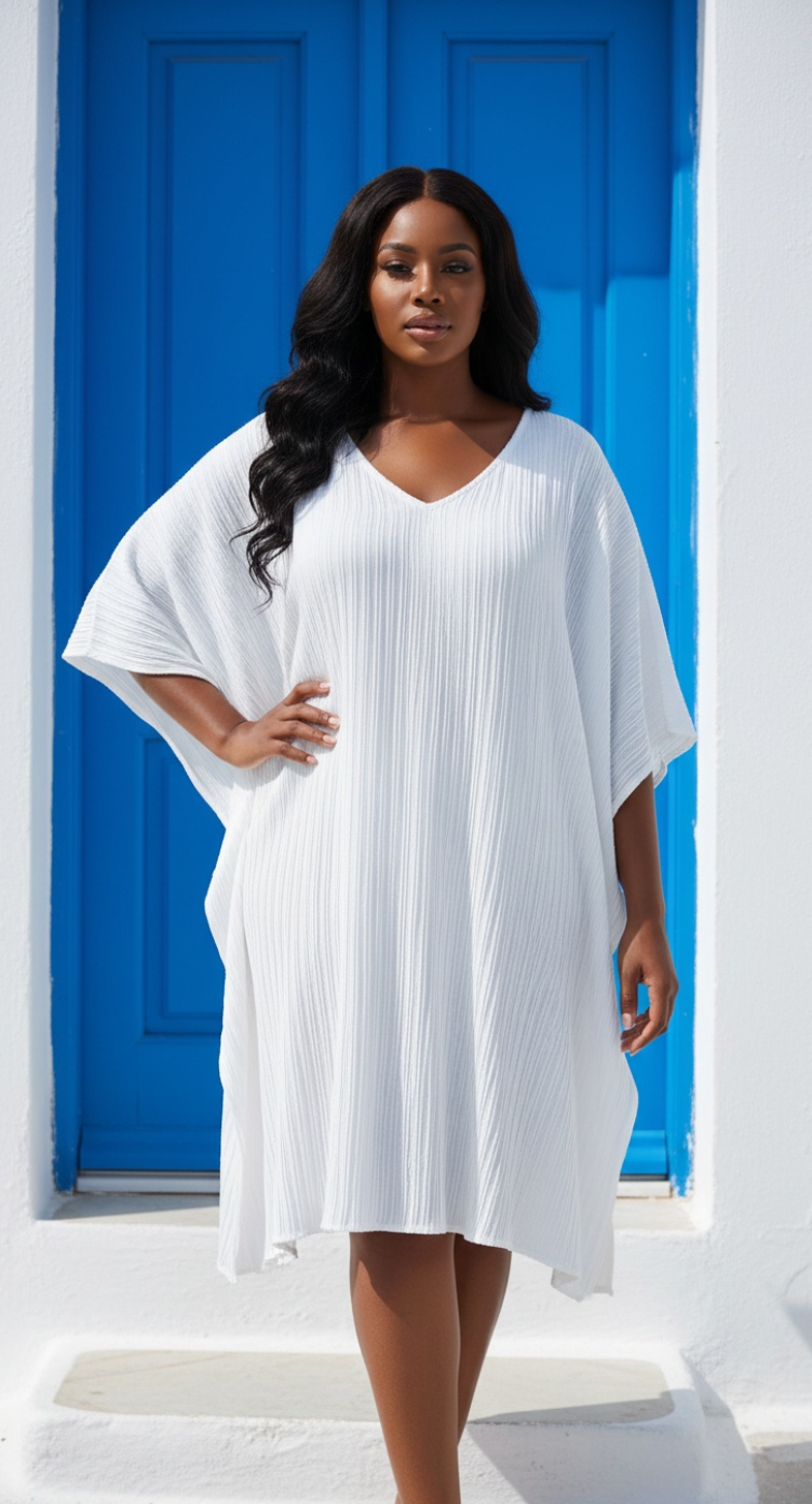 White Pleated V-Neck Short Kaftan Oversize Tunic Dress Summer Cover Up