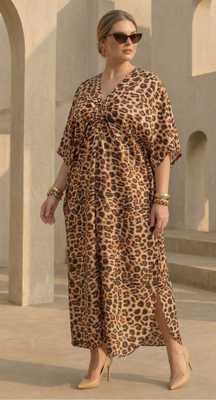 Brown Leopard Polyester Women Plus Size Kaftan Casual Dress 1X-3X