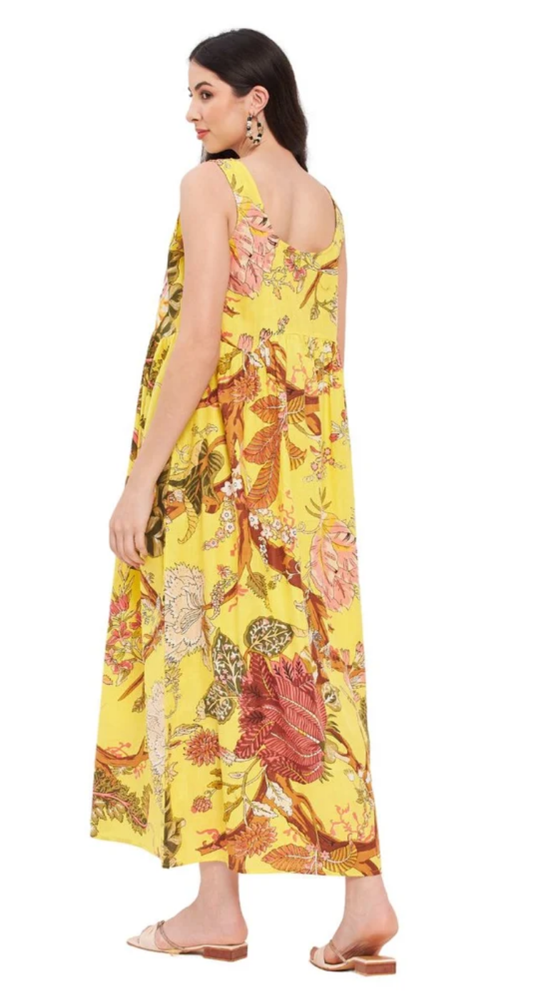 Yellow Floral Cotton Maxi Dress for Women S-XL Sleeveless U Shape Neck | GypsieBlu