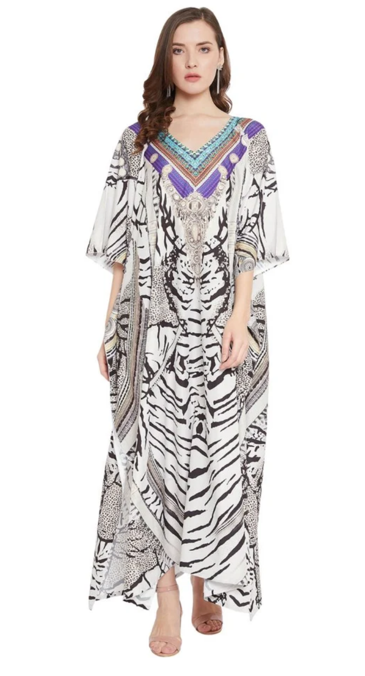 White Abstract Polyester Plus Size Kaftan Dress for Women 1X-3X | GypsieBlu