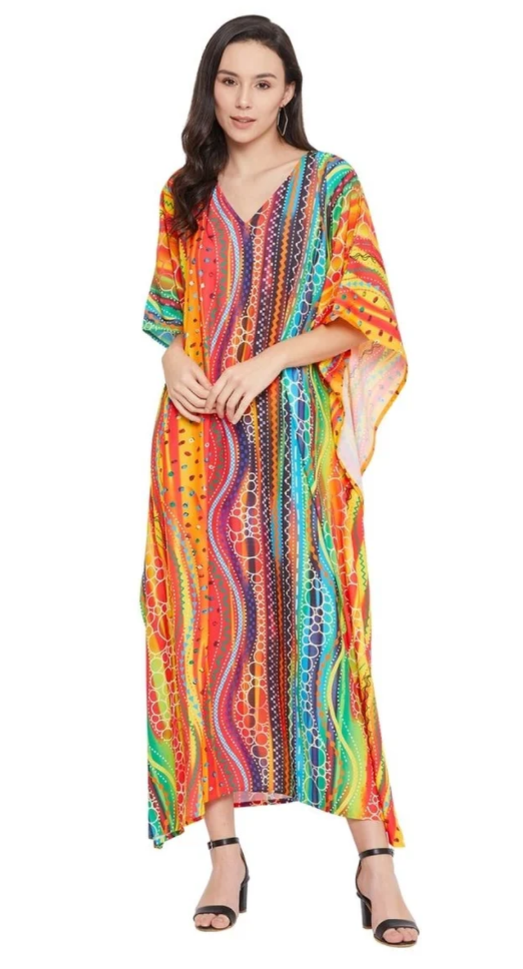 Multicolor Rainbow Wave Polyester Plus Size Kaftan for Women 1X-3X | GypsieBlu