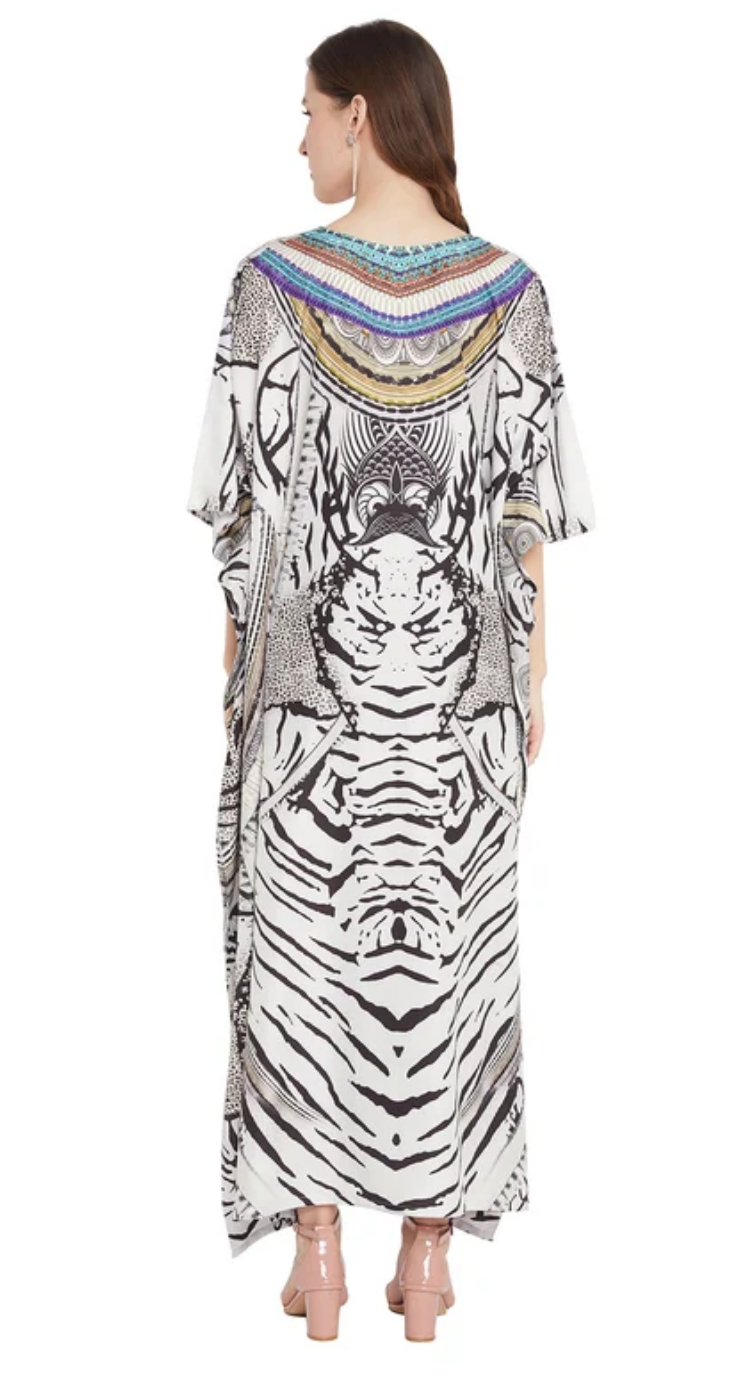 White Abstract Polyester Plus Size Kaftan Dress for Women 1X-3X | GypsieBlu