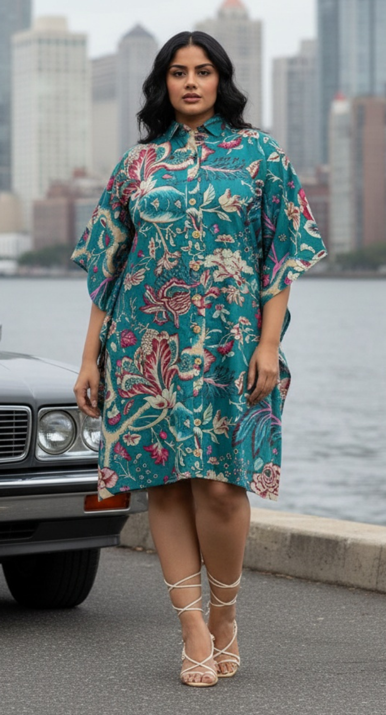 Floral Printed Turquoise Cotton Front Button Tunic For Plus Size Women