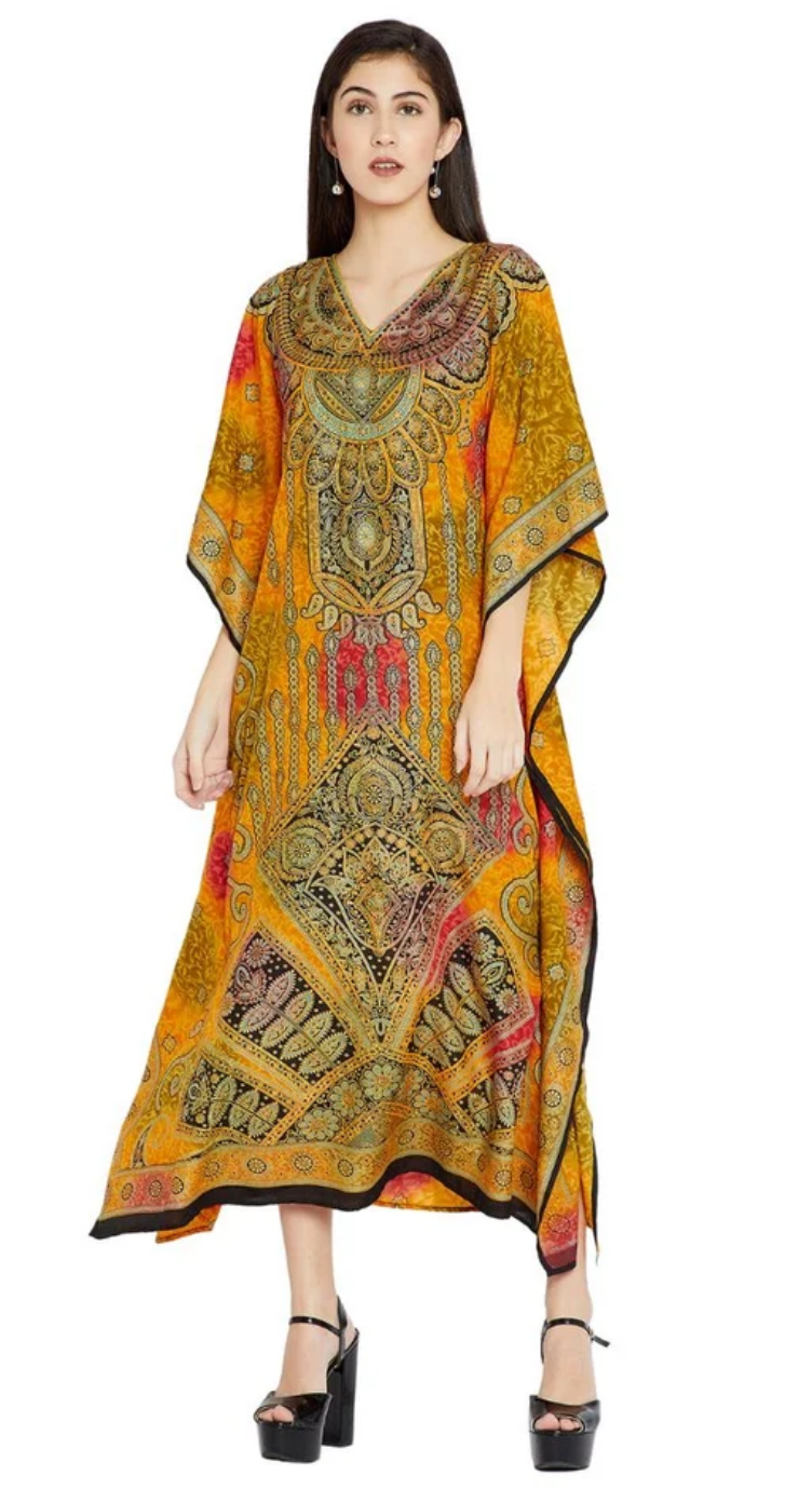Yellow Medallion Paisley Polyester Plus Size Kaftan for Women 1X-3X | GypsieBlu
