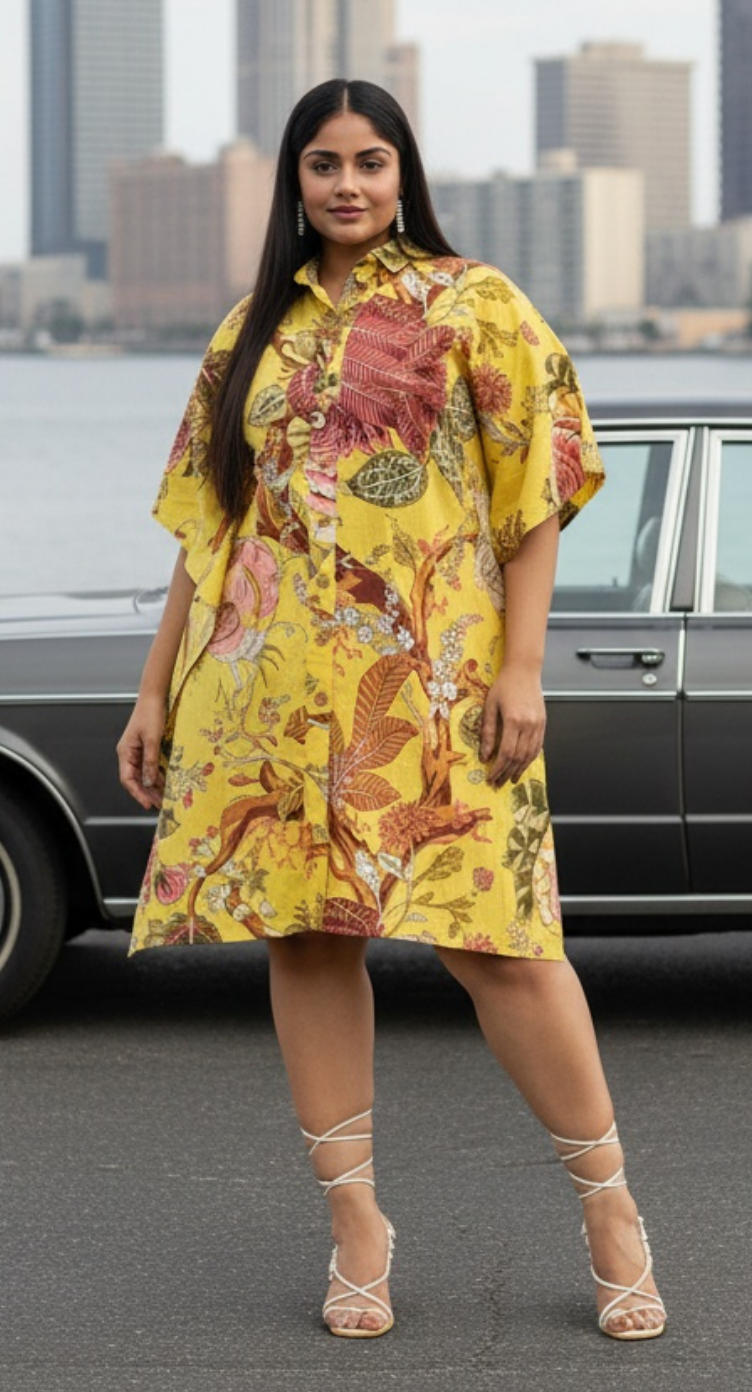 Floral Print Yellow Cotton Front Open Button Tunic For Plus Size Women