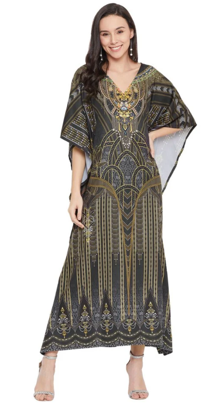 Black Geometric Digital Plus Size Kaftan Dress for Women 1X-3X | GypsieBlu