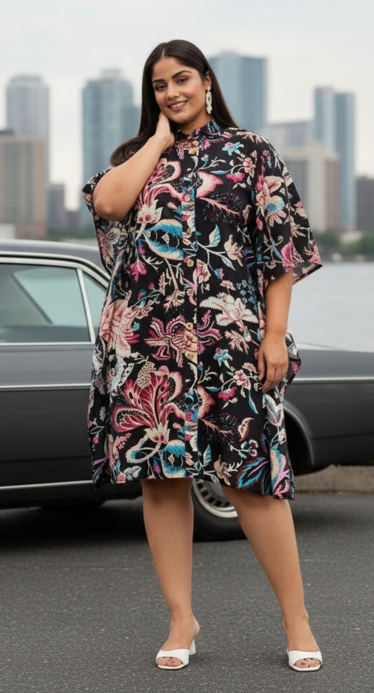 Floral Printed Multicolor Cotton Front Open Button Plus Size Tunic Top For Women