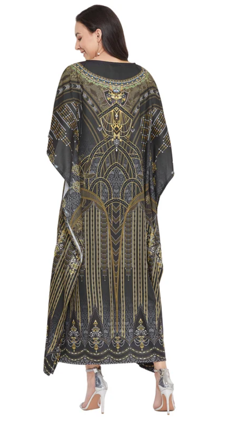 Black Geometric Digital Plus Size Kaftan Dress for Women 1X-3X | GypsieBlu