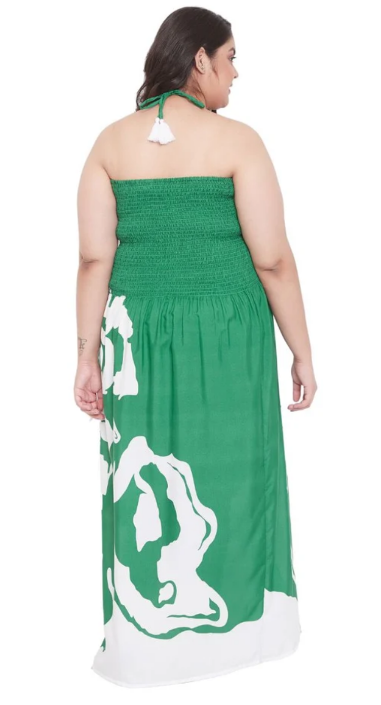 Green Rose-Print Maxi Polyester Tube Dress for Women S-XL Sleeveless Halter Neck | GypsieBlu
