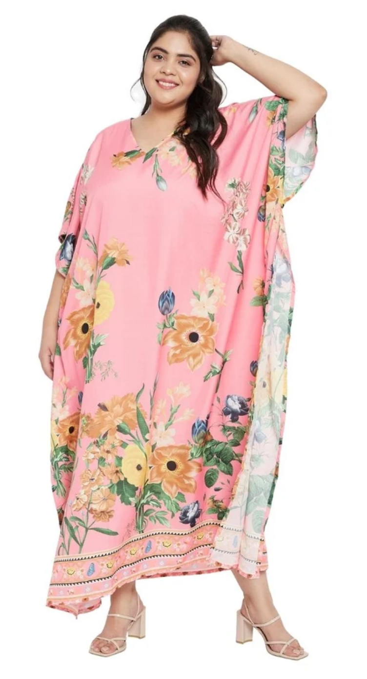 Pink Wildflower Bouquet Polyester Plus Size Kaftan for Women 1X-3X | GypsieBlu